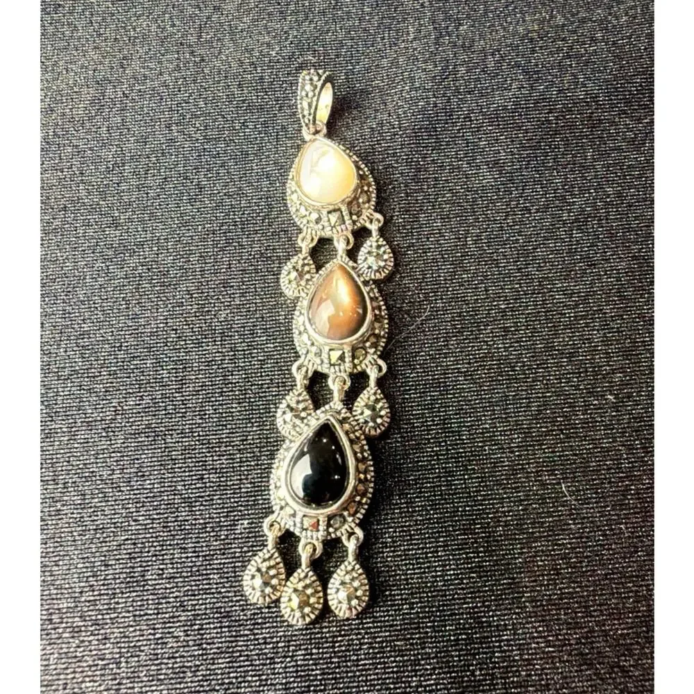 Vintage marcasite and multi-gemstone pendant, 925 sterling silver Thailand. - Picture 3 of 6